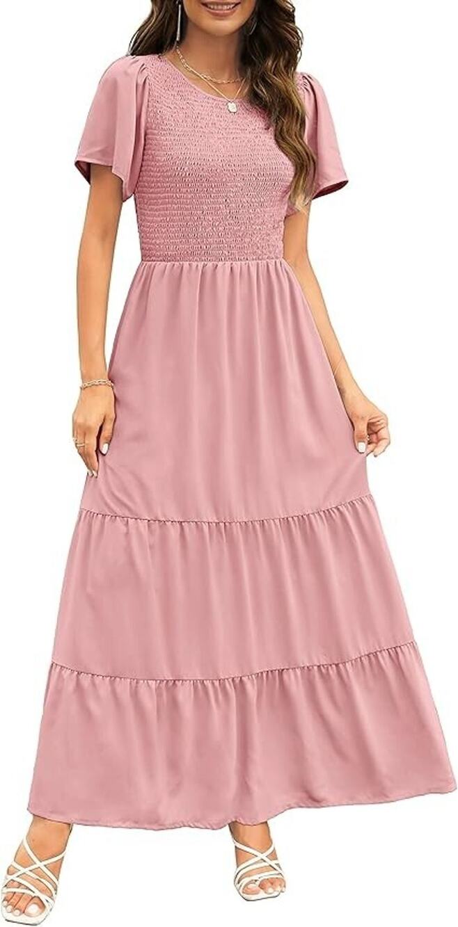 Kranda Women Pink Summer Dress Round Neck Flutter Short Sleeve Smocked Size 2XL